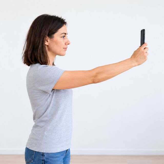 Woman taking a selfie with her arm stretched out, phone at eye level